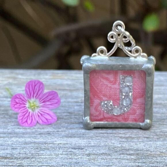 Pink Queen Crown and Initial "J" Charm/Pendant w/Silver Border EUC! - Picture 2 of 5